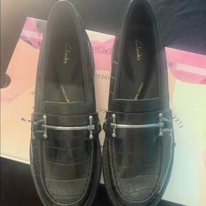 Clarks Black Textured Loafers with Silver Detail